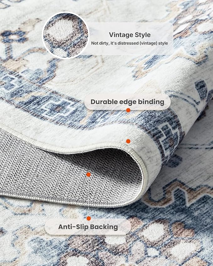 AMADA HOMEFURNISHING 10x14 Washable Area Rug, Low-Profile Large Area Rug with Non-Slip Backing & Durable Edge Binding, Vintage Large Rugs for Living Room, Bedroom & Dining Room