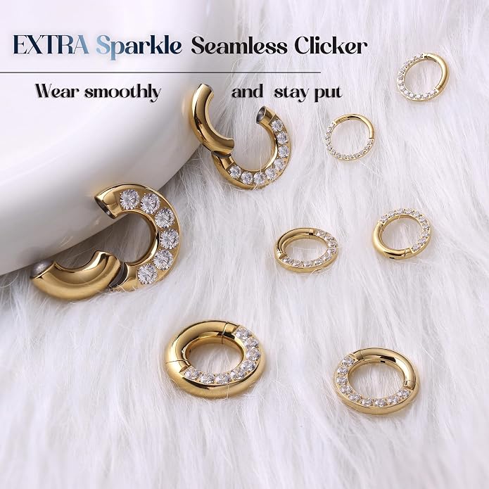 BodyBonita G23 Titanium 0G 2G 4G 6G 8G 10G 12G 14G CZ Septum Rings PA Nose Hoops Clicker Ear Weights for Stretched Ear Piercing Jewelry 10mm 12mm Silver/Gold/Black