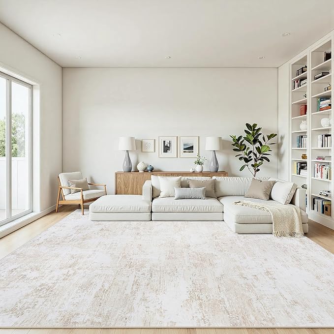 9x12 Area Rugs Living Room Rug Modern Abstract Neutral Washable Rugs Non Slip Soft Carpet Large Area Rug Low Pile Stain Resistant Non Shedding for Bedroom Nursery Dining Room Home Office Beige White