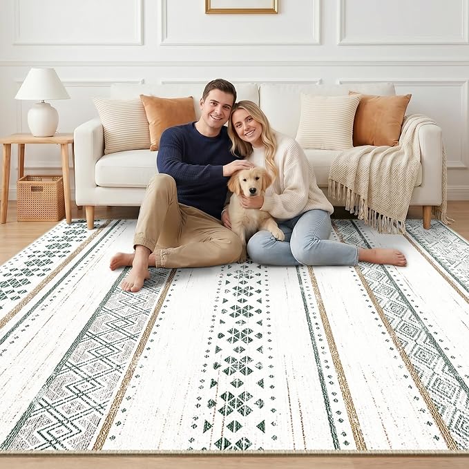 BESTSWEETIE 9x12 Area Rugs for Living Room Washable Moroccan Farmhouse Neutral Geometric Low Pile Non-Slip Soft Print Pattern Rug for Bedroom Kitchen Dining Room Entryway Green/Brown/Brown