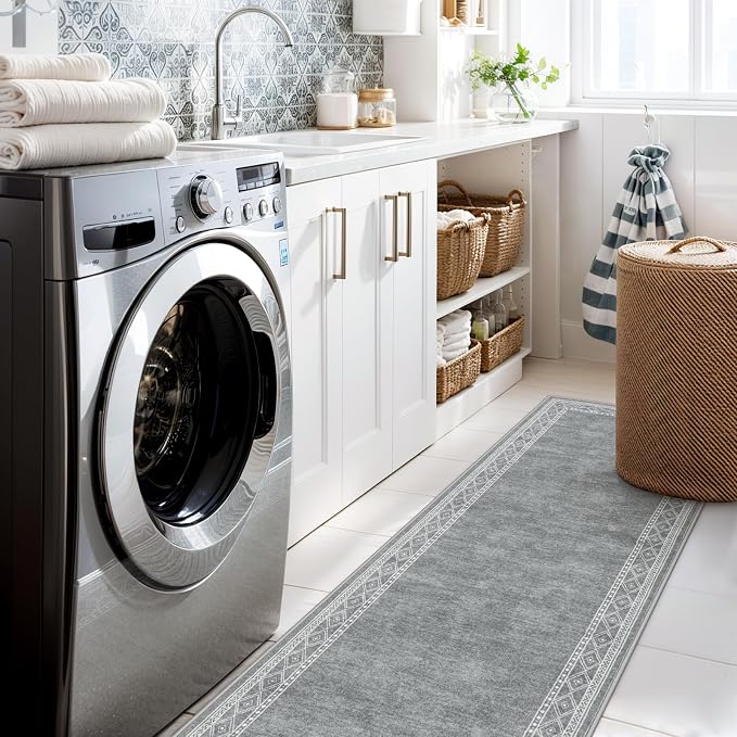 Lahome Modern Bordered Kitchen Runner Rugs Non Skid Washable, 2x6 Runners for Hallways Non Slip Ultra-Thin Hallway Rug, No Shedding Soft Carpet for Entryway Laundry Room Bedroom (2x6ft,Grey)