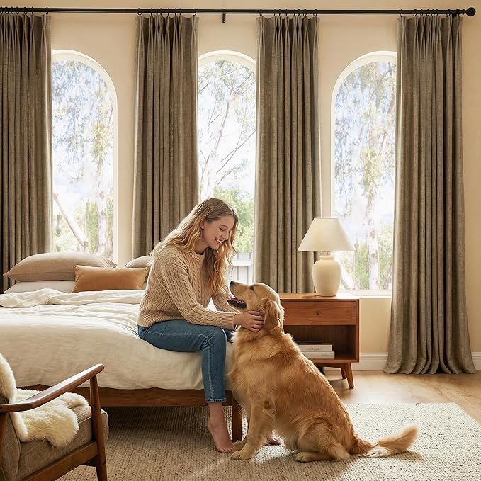 NICETOWN Hazelnut Brown Pinch Pleated Drapes for Living Room, W40 x L108, 395GSM Fabric Faux Linen Drapery for Vintage Villa, Energy Saving Double-Sided Textured Panels with Hooks