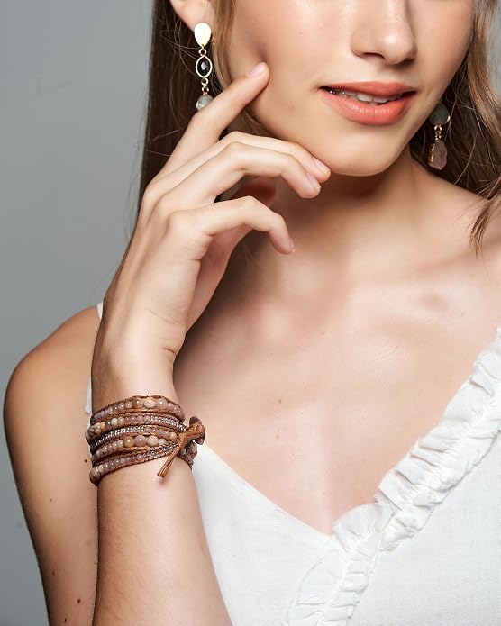 Bracelet for Women – Handmade Vegan Boho Natural Stone Layered Bracelet, Thailand Bohemian Stackable Beaded Wrap Bracelets, Summer Hippie Bracelet Stack, Fashion Jewelry Gifts