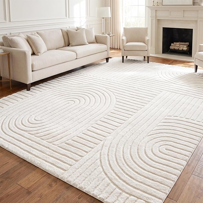Washable Beige 8x10 Geometric Solid Area Rugs Living Room Bedroom | Ultra Soft Plush Modern Boho Carpet, High-Low Pile 3D textured Durable Non-Slip 8'x10' Rugs for Kids Room, Nursery, Apartment