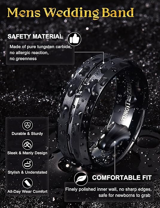Jstyle Tungsten Wedding Rings for Men Black/Silver/Gold Mens Wedding Band 8MM Mens Engagement Rings Groove Beveled Edges High Polish/Matte Finish Men's Promise Ring Comfort Fit Size 7-14