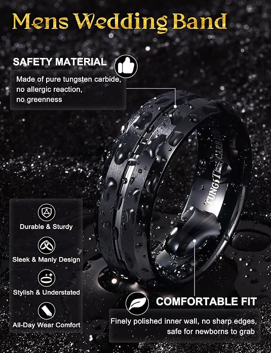 Jstyle Tungsten Wedding Rings for Men Black/Silver/Gold Mens Wedding Band 8MM Mens Engagement Rings Groove Beveled Edges High Polish/Matte Finish Men's Promise Ring Comfort Fit Size 7-14