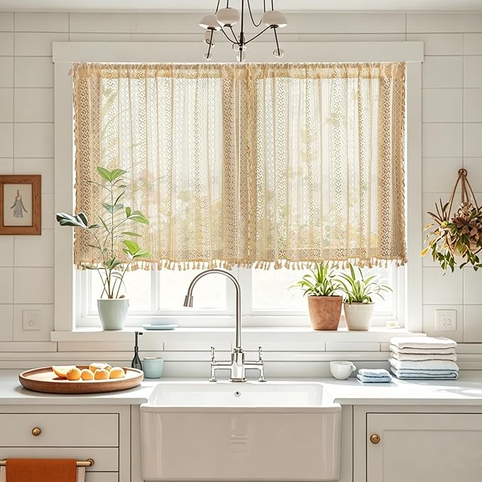 Sutuo Home Beige Boho Lace Short Kitchen Curtains 36 inches Long for Cafe Laundry Room, Semi Sheer Window Curtains Farmhouse Crochet Vintage Tassels Rustic Valance Rod Pocket Decor, 2 Panels 50" W