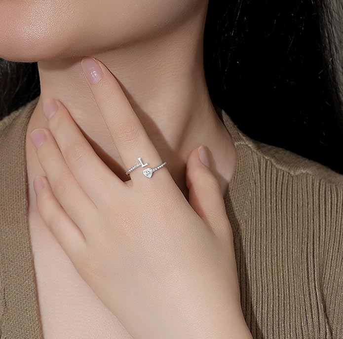 Step Forward 925 Sterling Silver Adjustable Initial Ring for Women | Non Tarnish Letter Rings for Lady | Alphabet Heart Thumb Rings | Capital Letter Jewelry Gifts