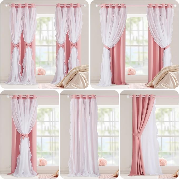 PONY DANCE Coquette Style Curtains for Girls'Bedroom Decorative Drapes for Kids Double Layer Curtain Ruffle Sheer Overlay Room Darkening Pretty Chic Princess, 52x63 inch, Blush Pink, 2 PCs