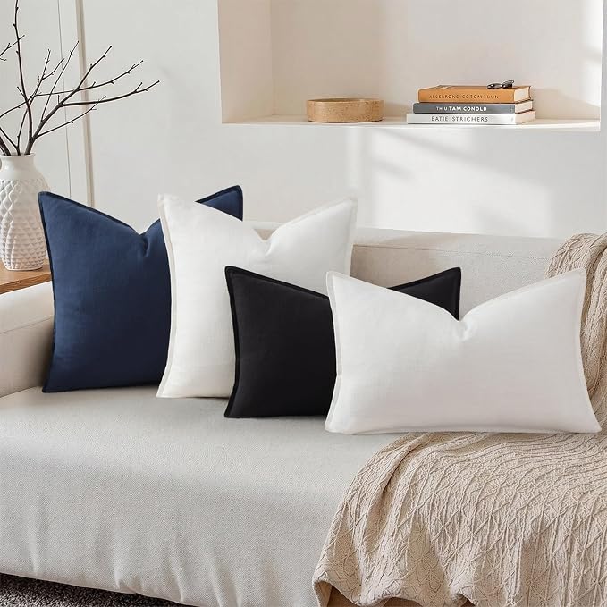 decorUhome Fall Cream White Linen Throw Pillow Covers 12x20 Set of 2 | Decorative Soft Cozy Modern Farmhouse Boho Accent Pillow Cases with Flange Edges for Couch Bed Sofa Living Room Home Decor
