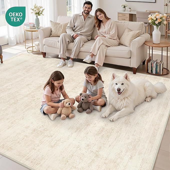 4x6 Area Rugs for Living Room: Vintage Boho Neutral Washable Rug Indoor Soft Large Area Rug Carpet for Bedroom Nursery Farmhouse Dining Room Office Floor Non-Slip Low Pile Under Table Rug Retro Beige
