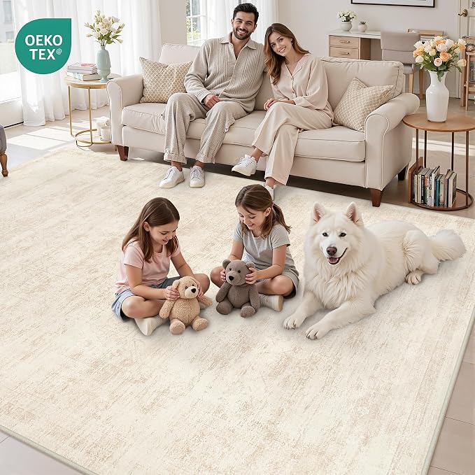 8x10 Area Rugs for Living Room: Vintage Boho Neutral Washable Rug Indoor Soft Large Area Rug Carpet for Bedroom Nursery Farmhouse Dining Room Office Floor Non-Slip Low Pile Under Table Rug Retro Beige