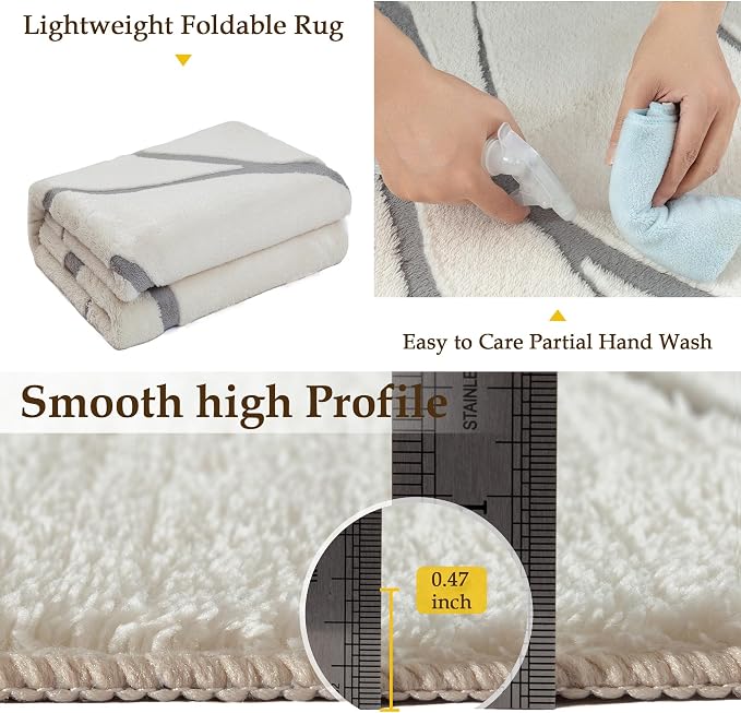 HUGEAR Shag Area Rug 6x9 Grey & Ivory Washable Living Room Bedroom Rug Non Slip Non-Shedding Soft Plush Medium Pile Large Throw Carpet for Home Office Aesthetic Modern Decor