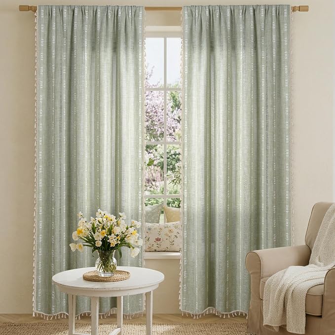 ColorBird Sage Green Boho Curtains Linen-Textured for Living Room Bedroom Light Filtering 84 Inches Farmhouse Whimsical Decor Embroidered Striped for Nursery Door Dining Room Window Treatments