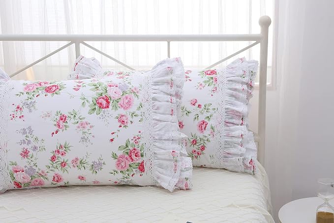 2-Pack Rose Floral Print Pillow Shams with Lace Ruffles Shabby Chic King Size Pillowcases 20" x 36 "Country Vintage Style