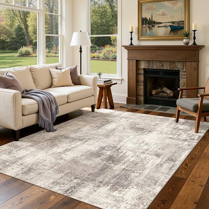 DMOYEST 5x7 Area Rug - Washable & Non Slip Indoor Rug for Living Room, Kid & Pet Friendly Abstract Low Pile Soft Carpet for Bedroom and Dining Room - Pale Brown