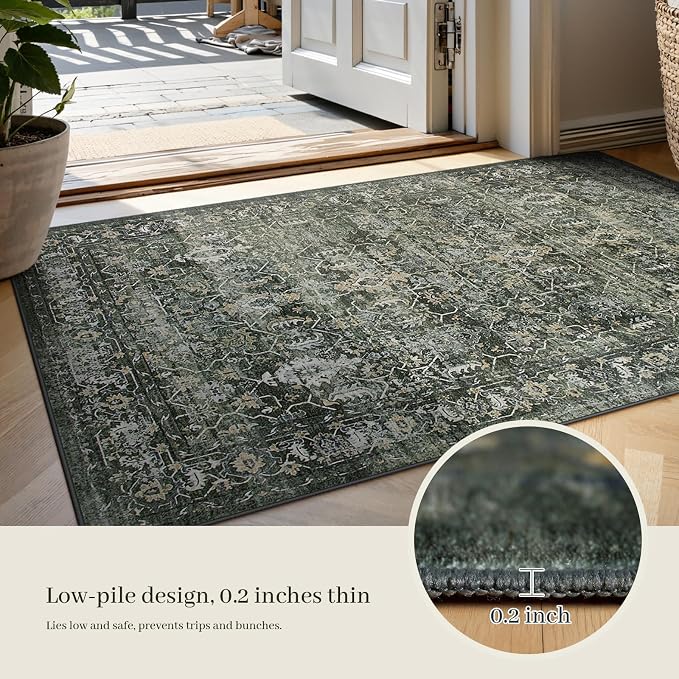 Lahome Margot Boho Green 8x10 Area Rugs Living Room Rugs,Washable Bedroom Rug 8x10 Under Bed,Distressed Soft Non Slip Low Pile Indoor Dining Room Rug for Home Office Playroom(8'x10',Green)