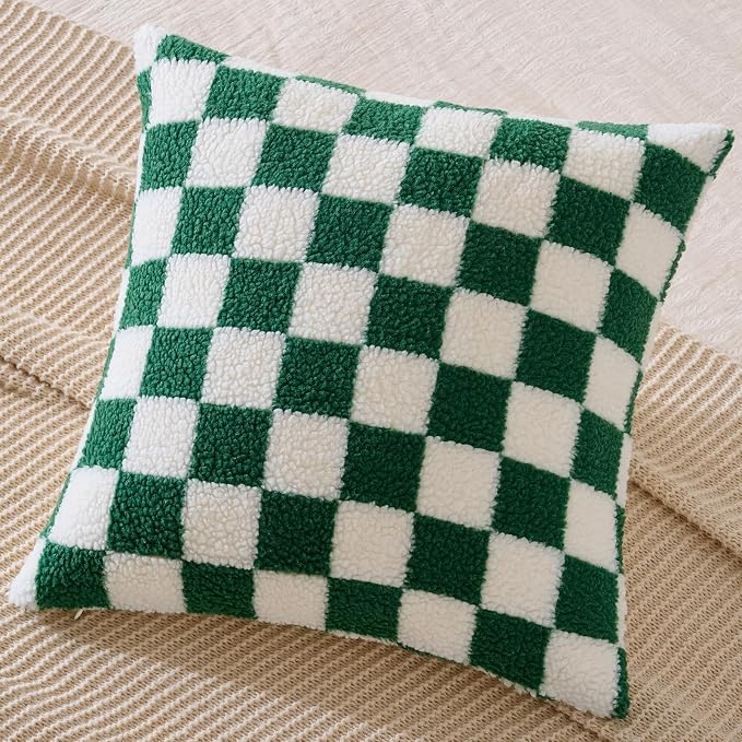 AmHoo Pack of 2 Decorative Throw Pillow Covers Checkerboard Luxury Super Soft Faux Fur Wool Set Case Cushion for Couch Sofa Bedroom 20 x 20-Inch Green