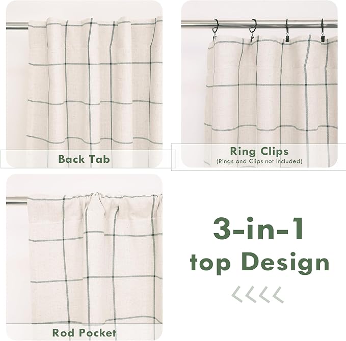 DriftAway 100% Blackout Plaid Linen Curtains W52xL90 Loden Green | 100% Blackout, Linen Texture, Plaid Pattern, Two Layers, Rod Pocket & Back Tab, Bedroom Living Room Use, Luxury Appearance