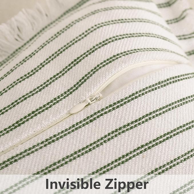 ZWJD Throw Pillow Covers 24x24 Set of 2 Striped Pillow Covers with Fringe Chic Cotton Decorative Pillows Square Cushion Covers for Sofa Couch Bed Living Room Farmhouse Decor, (Olive Green)