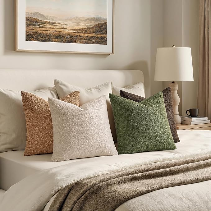 MIULEE Decorative Boucle Throw Pillow Covers 18x18 Green Brown Set of 4 | Textured Accent Pillow Cases Soft Couch Cushion Covers for Modern Farmhouse Boho Sofa Bed Livingroom Home Decor