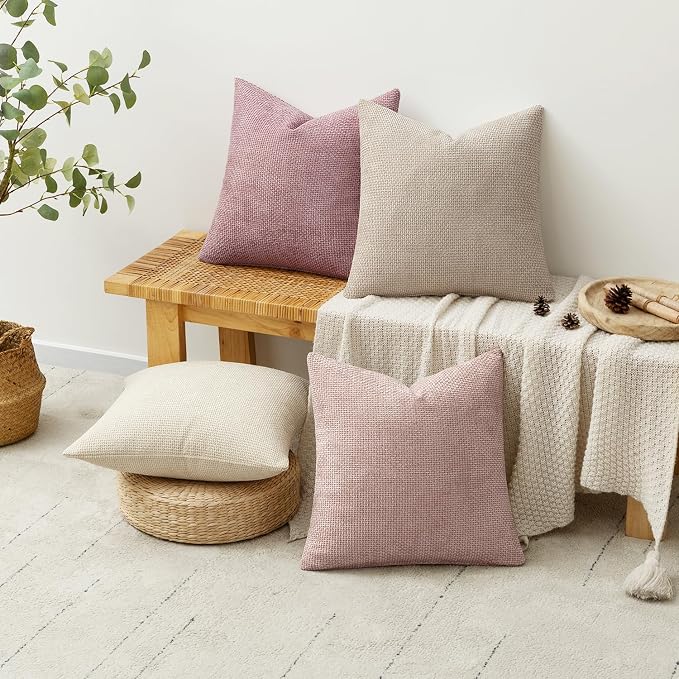 MIULEE Pack of 4 Valentines Couch Throw Pillow Covers 16x16 Inch Neutral Pink Cute Decorative Chenille Pillows Farmhouse Boho Accent Cushion Covers for Coquette Room Spring Decor Sofa Bed Living Room
