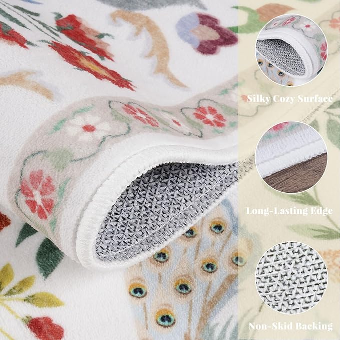 Lunasun 2x6 White Runner Rug for Kitchen, Entry Way - Bathroom Runners, Non Slip Washable Floral Print Home Decor