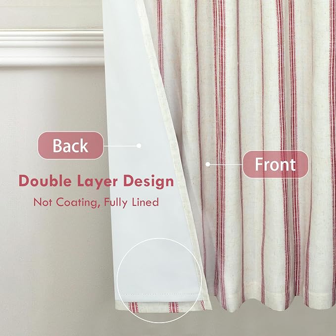 DriftAway Farmhouse Stripe Blackout Curtains, W52xL63, Red | Blackout, Linen Texture, Stripe Pattern, Rod Pocket & Back Tab, Two Layers, Bedroom Living Room Use, Sound Reducing Design