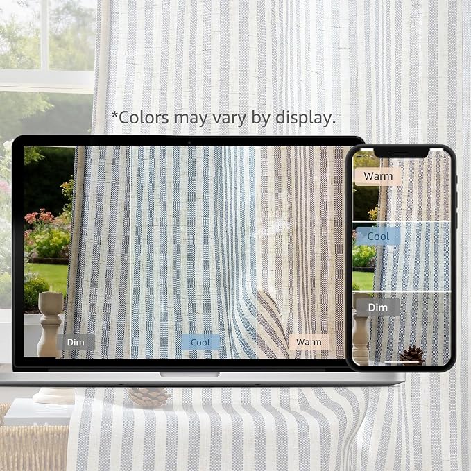 jinchan Linen Curtains 84 Inch Blue Stripe on Beige Back Tab 4 Panels | Curtains For Living Room Bedroom,Ticking Stripe Pattern, Farmhouse Cottage Core Rustic,Window Treatment,Light Filtering