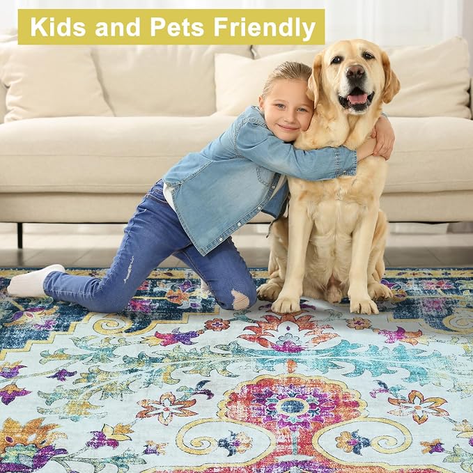 Mandala - Indoor Area Rugs 4x6 Washable, Stain Resistant Machine Washable Rugs for Living Room, Bedroom, and Modern House Décor - Durable Polyester Material, Colorful Patterned - Blue