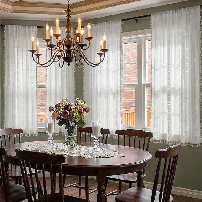 ColorBird White Boho Curtains Linen-Textured Light Filtering for Living Room Bedroom 63 Inch Farmhouse Embroidered Striped Whimsical Drapes Window Treatment for Dining Room Kitchen