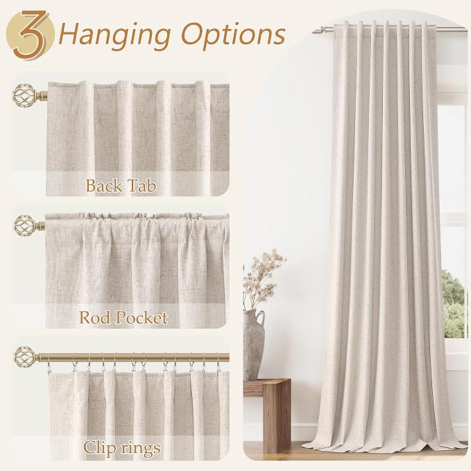 Guken Oatmeal 100% Blackout Curtains 120 Inch Length 2 Panels Set for Living Room Bedroom Back Tab Thermal Insulated Black Out Linen Drapes Room Darkening Window Curtains 52x120