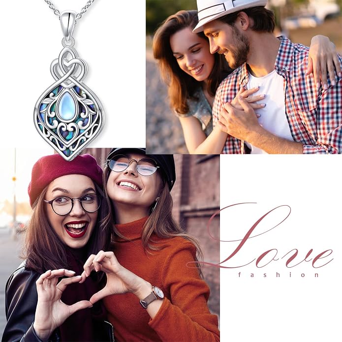 DAOCHONG 925 Sterling Silver Filigree Moonstone Sunflower Necklace Celtic Teardrop Abalone Shell Jewelry for Women Birthday Christmas Anniversary