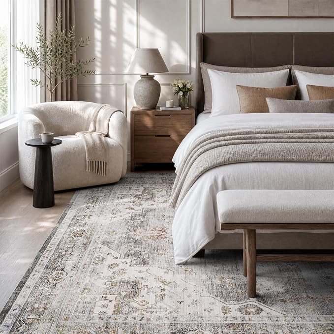AMOAMI Area Rug - 9x12 Vintage Soft Grey Rug - Non Slip, Washable for Living Room, Bedroom, Dining Room, Office