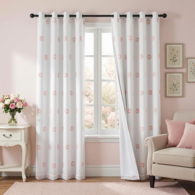 MYSKY HOME Pink Floral Blackout Curtains for Nursery Thermal Insulated Flower Sheer Curtain 72 Inch Long for Girls Bedroom Double Layered Window Drapes for Dining Room Grommet, 52 x 72 in, 2 Panels