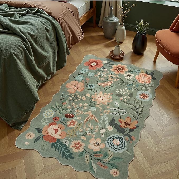 DCX Vintage Floral Rug 2x3, Washable Sage Green Rug for Living Room, Kid & Pet Friendly with Rubber Back Non Slip, Soft Low Pile Carpet, Stain Resistant Rug for Kitchen, Bedroom, Laundry, Bathroom