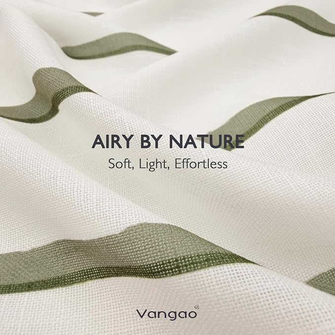 Vangao Striped Curtains Green on White Semi Sheer Curtains 96 Inches Long for Living Room Bedroom Modern Farmhouse Linen Textured Light Filtering Drapes 2 Panels Olive Green W50 x L96 Inch