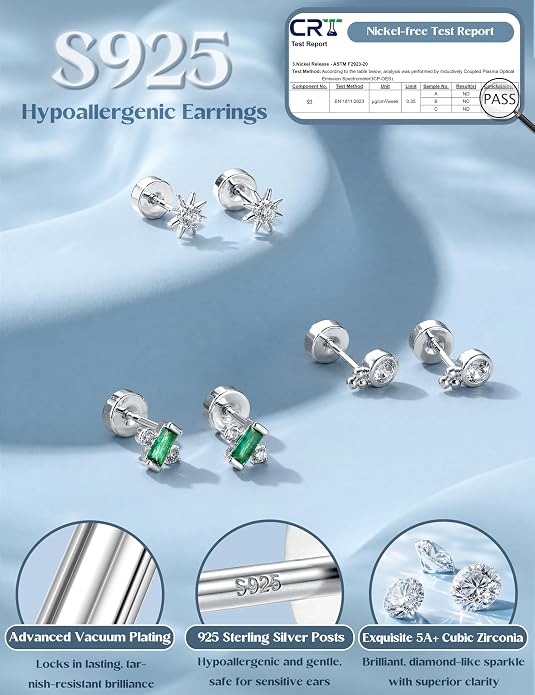 ORAZIO 925 Sterling Silver Flat Back Stud Earrings for Women Hypoallergenic 14K Gold Plated Cartilage Earrings for Sensitive Ears Small CZ Opal Conch Helix Tragus Piercing Jewelry 3 Pairs 20G