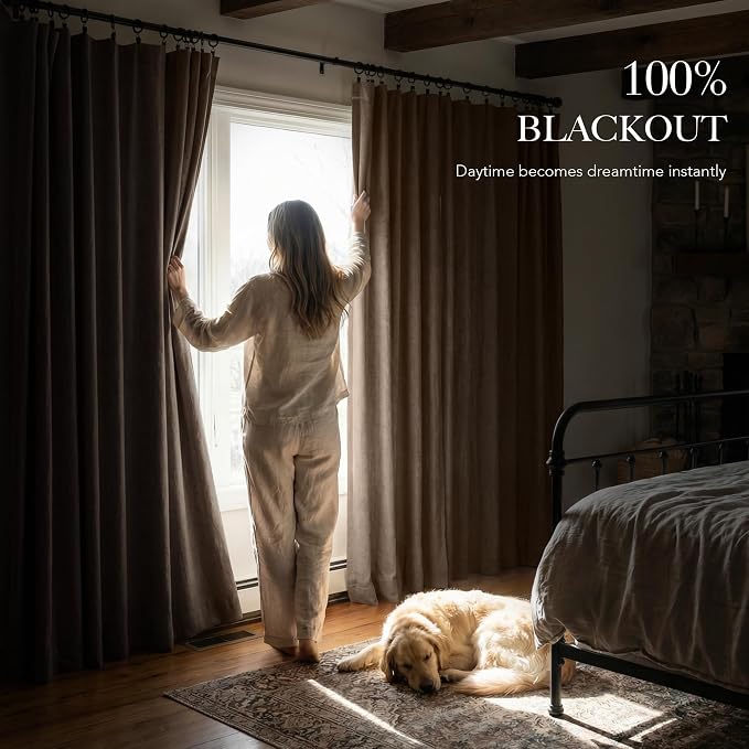 RYB HOME Brown 100% Blackout Linen Curtains 78 inch Long, Thermal Insulated & Privacy Assurd Home Decor Drapes for Bedroom/Office/Nursery, Rod Pocket & Back Tab Window Treatment, W52 X L78, 2 Panels