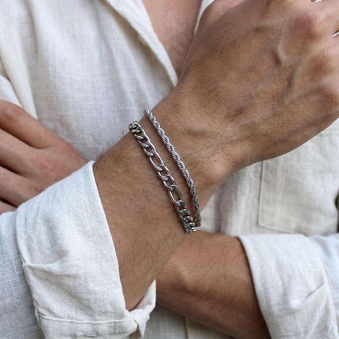 Mens Bracelet - Dainty Gold/Silver Chain Bracelet Stack 14K Gold Plated Silver Bracelets for Men Stainless Steel Adjustable Cross Charm Cuban Link Bracelet Snake Jewelry Set to Men Dad Birthday Day