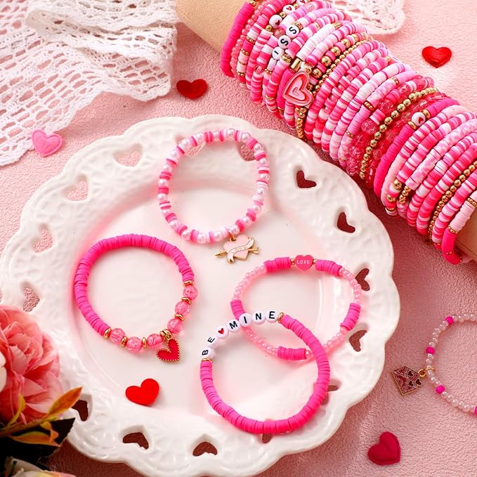 Landical 64 Pieces Valentines Day Beaded Bracelets Bulk Stackable Clay Beaded Love Kiss Heart Pink Valentines Party Supplies Friendship Jewelry for Women Birthday Party Favors Gifts Goody Bag Fillers