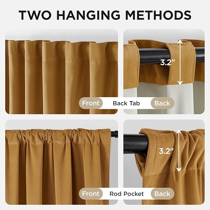 Joydeco 100% Blackout Velvet Curtains Mustard Yellow 96 Inch Back Tab | Luxury Thermal Insulated Velvet Curtains for Bedroom Living Room, Soundproof Blackout Window Drapes