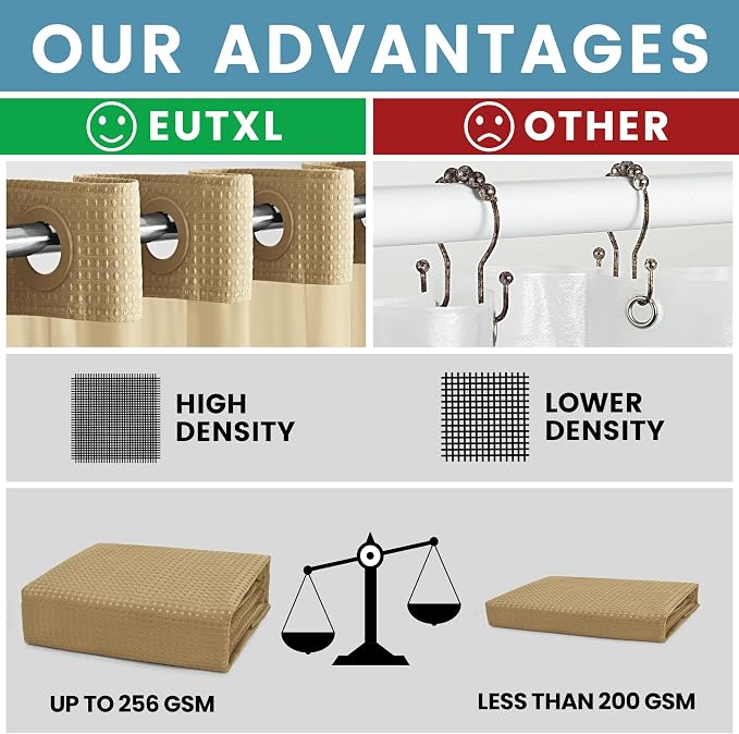 EUTXL Heavyweight Beige No Hook Shower Curtain with Snap in Liner,256GSM Waffle Weave Shower Curtains for Bathroom,71W x 74H