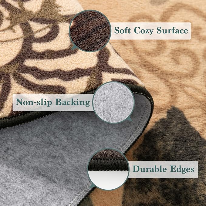 LIANLAM 9x12 Washable Area Rugs for Living Room and Bedroom(9x12,Leaf) | Non-Slip Large Carpet,Vintage Checkered Pattern, Stain Resistant Faux Wool Low Pile Soft Rug for Dining Room,Office,Nursery