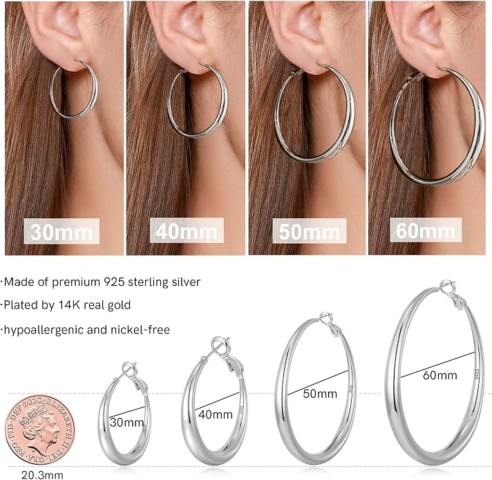 EXGOX Sterling Silver Hoop Earrings - Hypoallergenic, Lightweight, Chunky, 14K Real Gold Plated, Big Large Hoops for Women