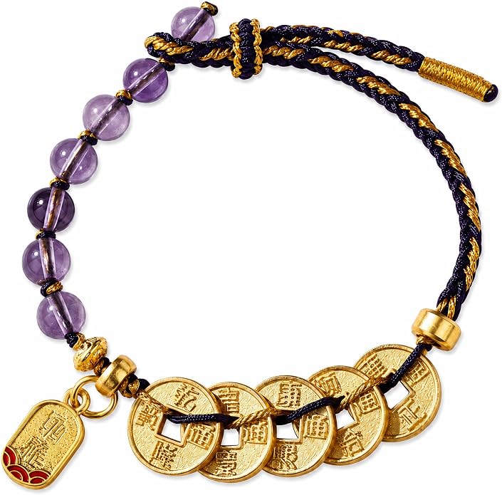 Feng Shui Bracelet with Five Emperor Coins, Beads Amulet for Wealth & Good Luck, Spiritual Protection Jewelry, Adjustable Ha