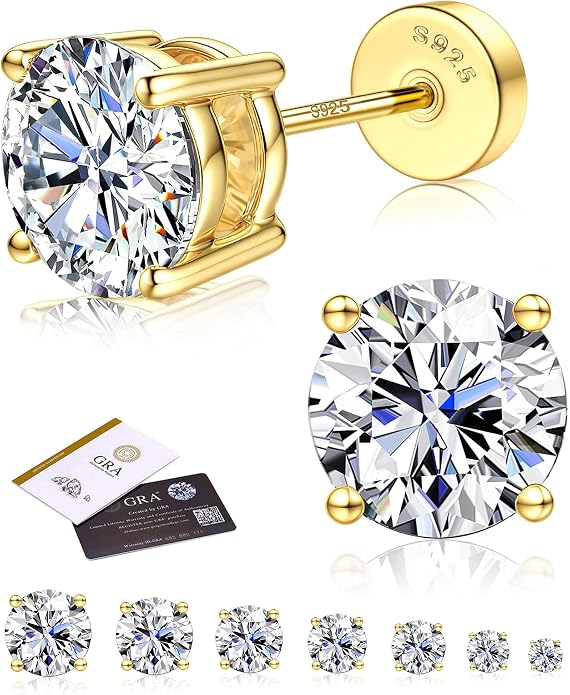 Moissanite Earrings for Men Women：Hypoallergenic Flat Back Earrings 925 Sterling Silver Stud Earring Small D Color VVS1 Moissanite 14K White Gold Plated Helix Cartilage Earring Studs Gift Jewelry