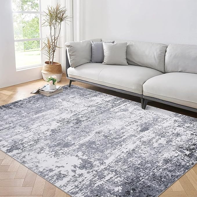 ROYHOME 9x12 Modern Abstract Accent Rug, Light Grey | Non Slip Stain Resistant Washable Low Pile Accent Washable Rug for Living Room Bedroom Indoor Floor Cover Office Home Decor