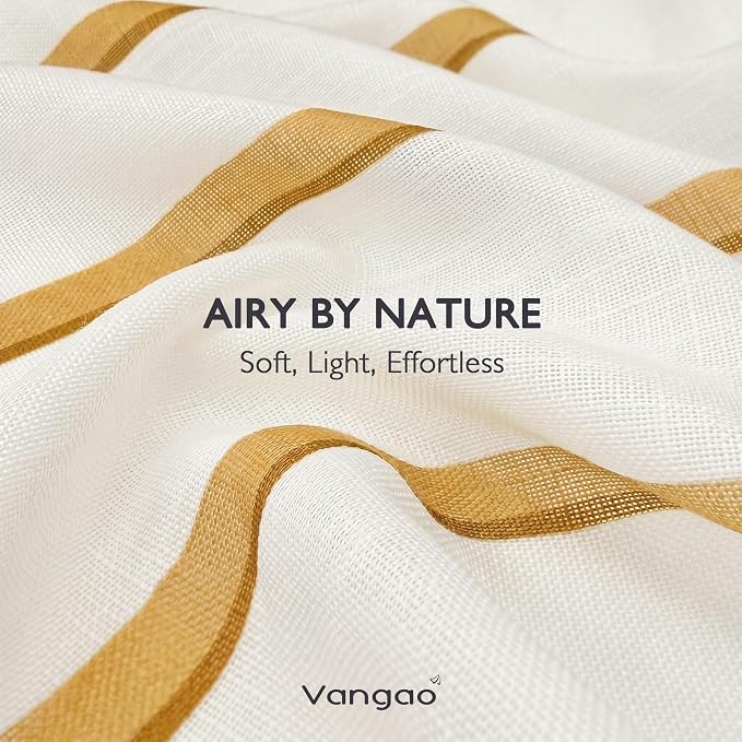 Vangao Striped Curtains Yellow on White Semi Sheer Curtains 63 Inches Long for Bedroom Living Room Modern Farmhouse Linen Textured Light Filtering Drapes 2 Panels Mustard Yellow W50 x L63 Inch
