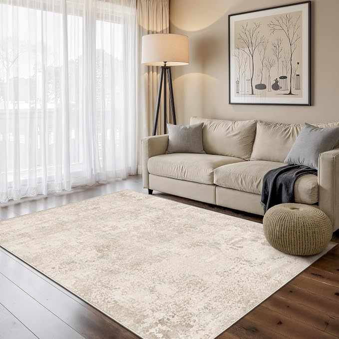Art&Tuft Washable Rugs 4x6, Anti-Slip Backing Abstract 4x6 Rug, Stain Resistant Rugs for Living Room, Foldable Machine Washable Area Rug(4'x6', Beige)